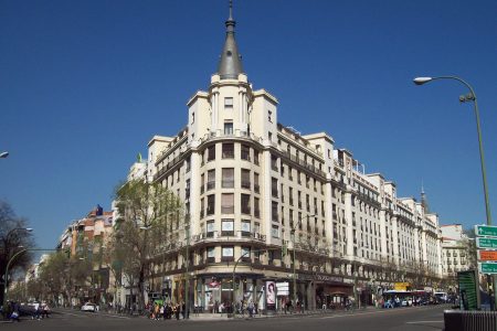 Building at 151 Calle de Alcala (street, right) in Madrid (Spain), in Salamanca district. Built between 1940 and 1950.